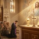 Obraz grupy wiernych klęczących na modlitwie w kościele z księdzem. Przed nimi ołtarz z kielichem, krzyżem i otwartą Biblią, a także wizerunek Jezusa, z którego emanuje intensywne światło.