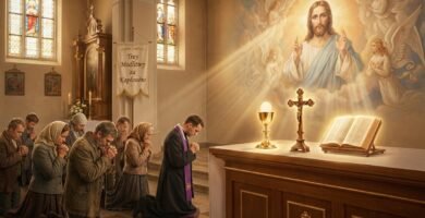 Obraz grupy wiernych klęczących na modlitwie w kościele z księdzem. Przed nimi ołtarz z kielichem, krzyżem i otwartą Biblią, a także wizerunek Jezusa, z którego emanuje intensywne światło.