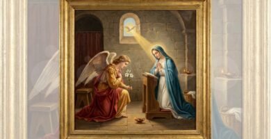 Obraz na obrazie przedstawiającym Matkę Boską odwiedzającą Archanioła Michała