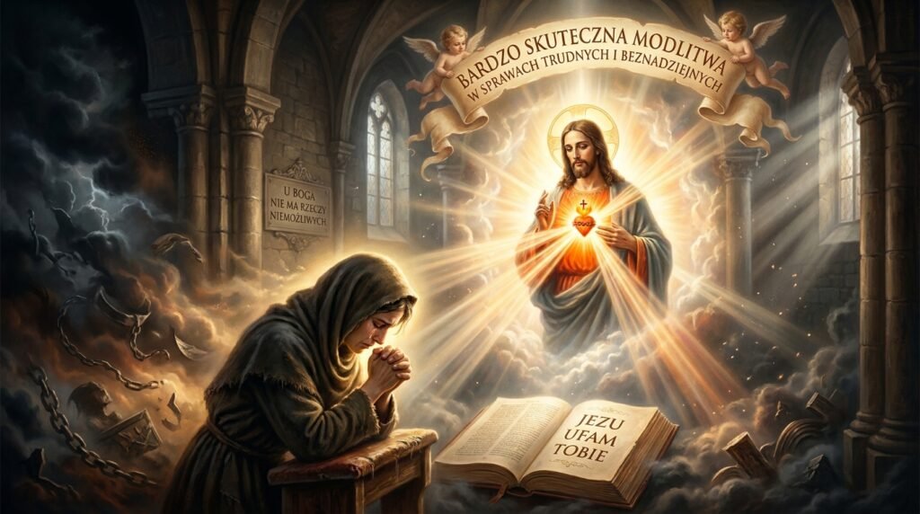 Obraz starszej kobiety w welonie, modlącej się obok Biblii z pochyloną głową; w tle znajduje się wizerunek Chrystusa ze światłem emanującym z Jego serca.