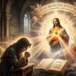 Obraz starszej kobiety w welonie, modlącej się obok Biblii z pochyloną głową; w tle znajduje się wizerunek Chrystusa ze światłem emanującym z Jego serca.