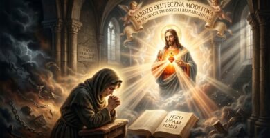 Obraz starszej kobiety w welonie, modlącej się obok Biblii z pochyloną głową; w tle znajduje się wizerunek Chrystusa ze światłem emanującym z Jego serca.