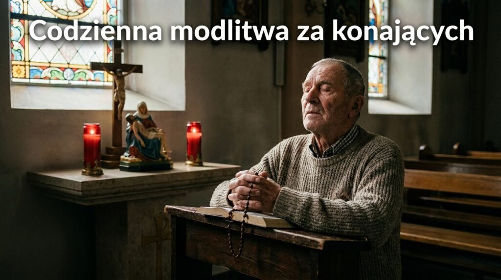 Obraz starszego mężczyzny modlącego się w kościele z zamkniętymi oczami i różańcem w rękach; powyżej znajduje się tekst z tytułem modlitwy.