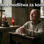 Obraz starszego mężczyzny modlącego się w kościele z zamkniętymi oczami i różańcem w rękach; powyżej znajduje się tekst z tytułem modlitwy.