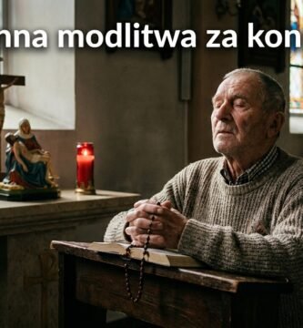 Obraz starszego mężczyzny modlącego się w kościele z zamkniętymi oczami i różańcem w rękach; powyżej znajduje się tekst z tytułem modlitwy.