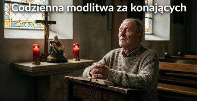 Obraz starszego mężczyzny modlącego się w kościele z zamkniętymi oczami i różańcem w rękach; powyżej znajduje się tekst z tytułem modlitwy.
