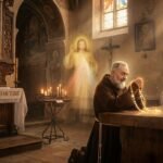 Obraz przedstawiający klęczącego i modlącego się w kościele Padre Pio; obok niego duch Jezusa oświetla całą scenę.