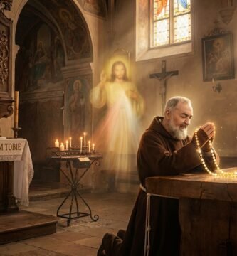 Obraz przedstawiający klęczącego i modlącego się w kościele Padre Pio; obok niego duch Jezusa oświetla całą scenę.