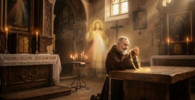 Obraz przedstawiający klęczącego i modlącego się w kościele Padre Pio; obok niego duch Jezusa oświetla całą scenę.