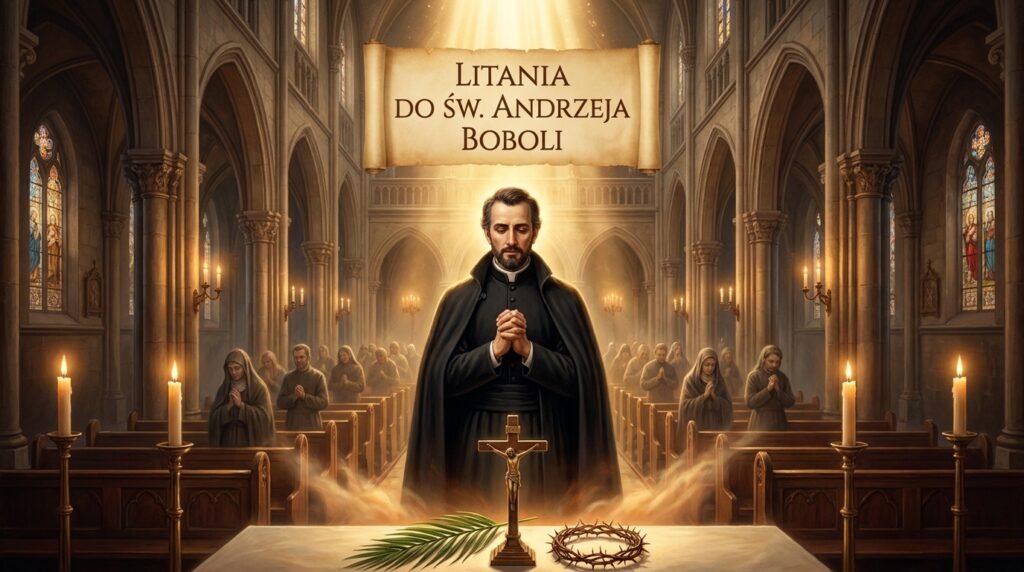 Obraz przedstawia księdza modlącego się w kościele pełnym ludzi, przed różańcem i krzyżem Jezusa.