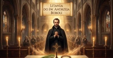 Obraz przedstawia księdza modlącego się w kościele pełnym ludzi, przed różańcem i krzyżem Jezusa.