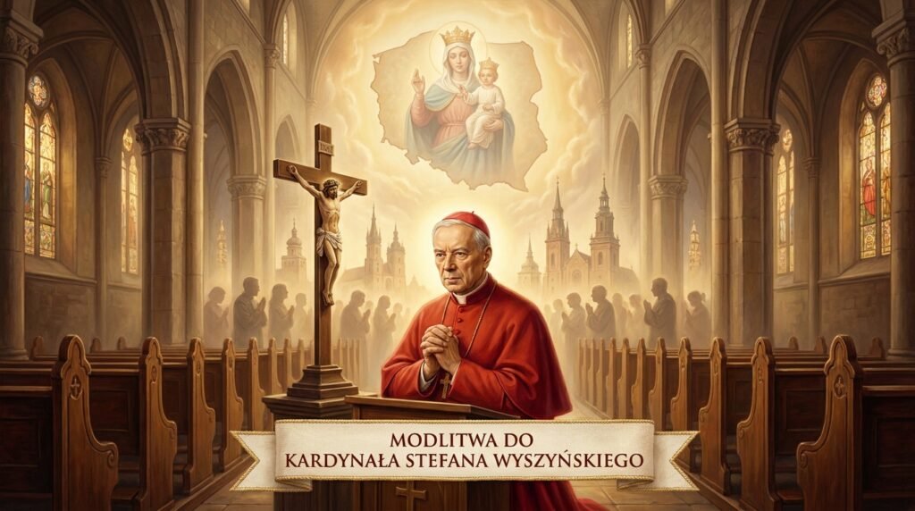 Obraz przedstawiający kardynała modlącego się w kościele, w tle wierni modlący się obok wizerunku Chrystusa na krzyżu i obrazu Matki Boskiej z Jezusem w centrum