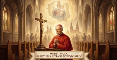 Obraz przedstawiający kardynała modlącego się w kościele, w tle wierni modlący się obok wizerunku Chrystusa na krzyżu i obrazu Matki Boskiej z Jezusem w centrum