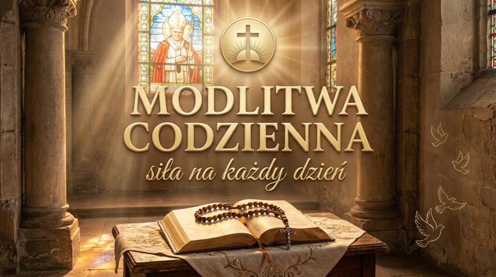 Wnętrze kościoła z widokiem na stół z otwartą Biblią i różańcem; w tle okno z wizerunkiem papieża