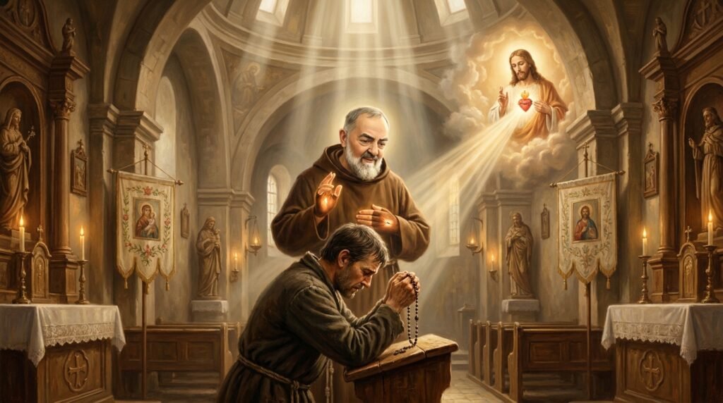 Obraz przedstawiający księdza modlącego się przy ołtarzu z zamkniętymi oczami i różańcem w dłoniach, obok niego wizerunek Padre Pio, w tle pusty kościół z wizerunkiem serca Chrystusa