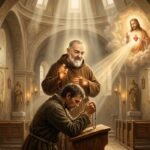 Obraz przedstawiający księdza modlącego się przy ołtarzu z zamkniętymi oczami i różańcem w dłoniach, obok niego wizerunek Padre Pio, w tle pusty kościół z wizerunkiem serca Chrystusa