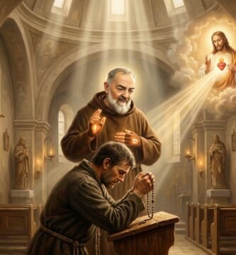 Obraz przedstawiający księdza modlącego się przy ołtarzu z zamkniętymi oczami i różańcem w dłoniach, obok niego wizerunek Padre Pio, w tle pusty kościół z wizerunkiem serca Chrystusa