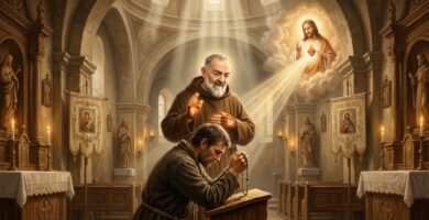 Obraz przedstawiający księdza modlącego się przy ołtarzu z zamkniętymi oczami i różańcem w dłoniach, obok niego wizerunek Padre Pio, w tle pusty kościół z wizerunkiem serca Chrystusa