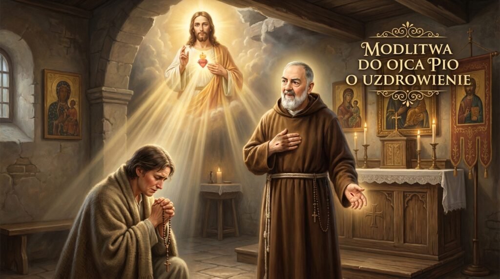 Obraz Padre Pio obok chorego człowieka modlącego się w kościele, w tle wizerunek Jezusa