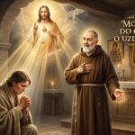 Obraz Padre Pio obok chorego człowieka modlącego się w kościele, w tle wizerunek Jezusa