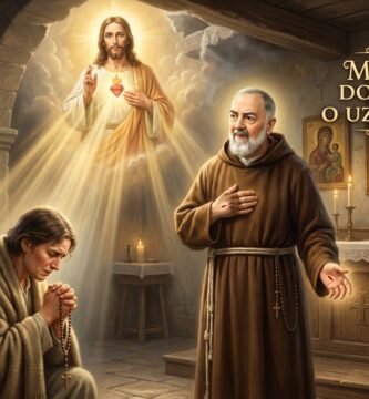 Obraz Padre Pio obok chorego człowieka modlącego się w kościele, w tle wizerunek Jezusa