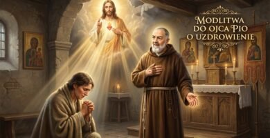 Obraz Padre Pio obok chorego człowieka modlącego się w kościele, w tle wizerunek Jezusa