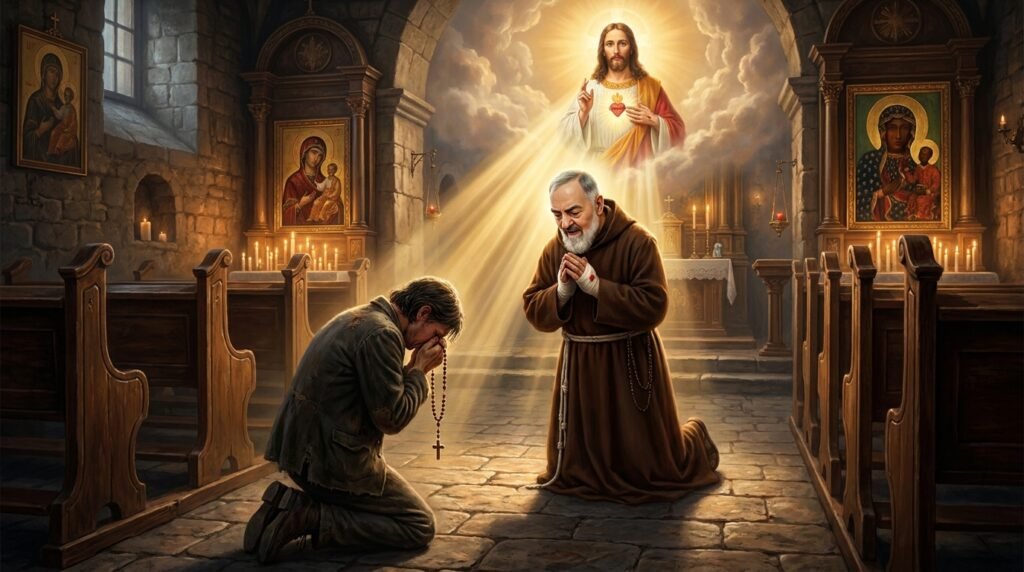 Obraz przedstawiający mężczyznę modlącego się na kolanach z różańcem w dłoniach w kościele, obok niego znajduje się Padre Pio, a w oddali obraz Jezusa Chrystusa oświetlający scenę