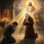 Obraz przedstawiający mężczyznę modlącego się na kolanach z różańcem w dłoniach w kościele, obok niego znajduje się Padre Pio, a w oddali obraz Jezusa Chrystusa oświetlający scenę