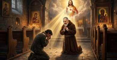 Obraz przedstawiający mężczyznę modlącego się na kolanach z różańcem w dłoniach w kościele, obok niego znajduje się Padre Pio, a w oddali obraz Jezusa Chrystusa oświetlający scenę