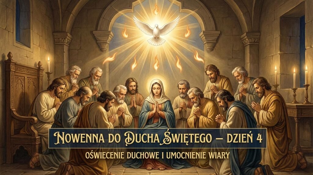 Obraz przedstawia grupę wiernych modlących się z Maryją Dziewicą w świątyni. Nad nimi Duch Święty oświetla scenę.