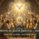 Obraz przedstawia grupę wiernych modlących się z Maryją Dziewicą w świątyni. Nad nimi Duch Święty oświetla scenę.