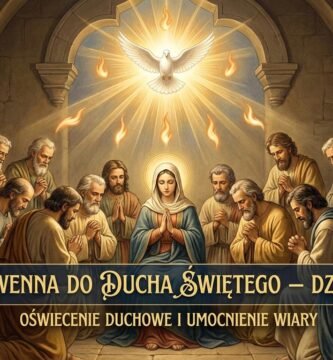 Obraz przedstawia grupę wiernych modlących się z Maryją Dziewicą w świątyni. Nad nimi Duch Święty oświetla scenę.