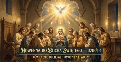 Obraz przedstawia grupę wiernych modlących się z Maryją Dziewicą w świątyni. Nad nimi Duch Święty oświetla scenę.