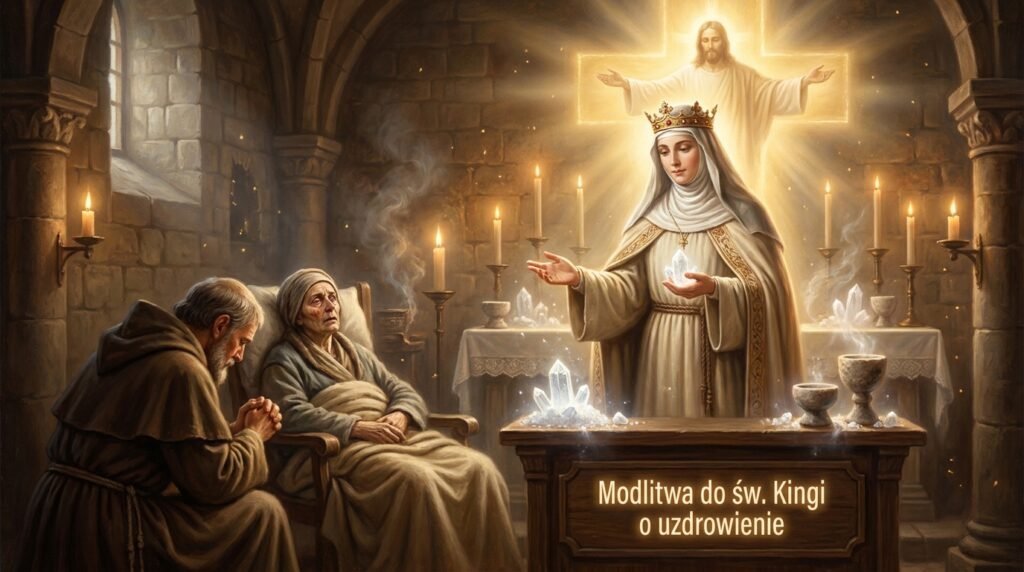 Obraz przedstawiający księdza modlącego się przy chorym w kaplicy, obok niego błogosławiąca go św. Kinga