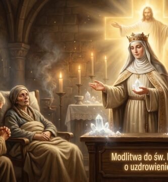Obraz przedstawiający księdza modlącego się przy chorym w kaplicy, obok niego błogosławiąca go św. Kinga