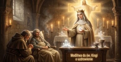 Obraz przedstawiający księdza modlącego się przy chorym w kaplicy, obok niego błogosławiąca go św. Kinga