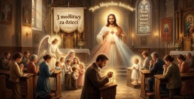 Obraz przedstawiający grupę dzieci z rodzicami modlących się w kościele, w centrum wizerunek Jezusa