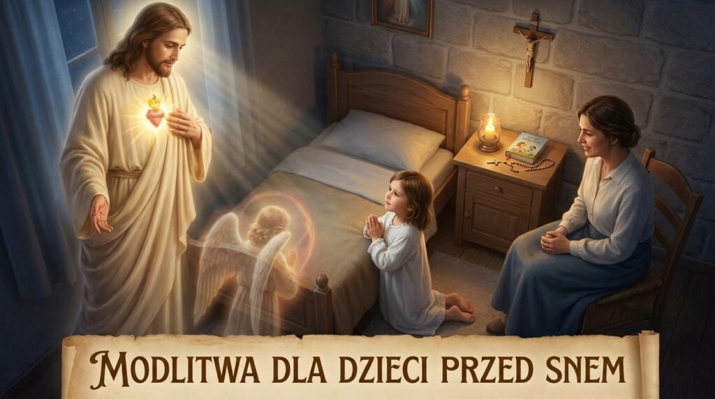 Obraz przedstawiający matkę modlącą się obok swego syna, który właśnie kładzie się spać, obok niego znajduje się wizerunek anioła i Jezusa czuwającego nad nim.