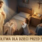 Obraz przedstawiający matkę modlącą się obok swego syna, który właśnie kładzie się spać, obok niego znajduje się wizerunek anioła i Jezusa czuwającego nad nim.