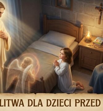 Obraz przedstawiający matkę modlącą się obok swego syna, który właśnie kładzie się spać, obok niego znajduje się wizerunek anioła i Jezusa czuwającego nad nim.