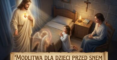 Obraz przedstawiający matkę modlącą się obok swego syna, który właśnie kładzie się spać, obok niego znajduje się wizerunek anioła i Jezusa czuwającego nad nim.