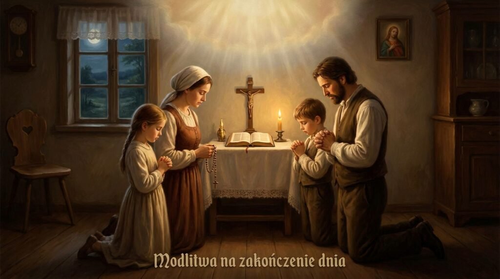 Obraz przedstawiający rodzinę modlącą się na kolanach w domu przed krzyżem i Biblią