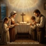 Obraz przedstawiający rodzinę modlącą się na kolanach w domu przed krzyżem i Biblią
