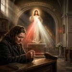Obraz starszej kobiety o twarzy pełnej cierpienia i smutku, modlącej się w kościele z różańcem w dłoniach, w tle wizerunek Jezusa
