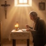 Obraz przedstawia starszego mężczyznę modlącego się na kolanach przed stołem; przez okno wpadają promienie świtu, oświetlając scenę.