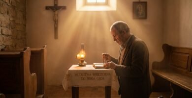 Obraz przedstawia starszego mężczyznę modlącego się na kolanach przed stołem; przez okno wpadają promienie świtu, oświetlając scenę.