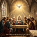 Obraz przedstawiający Maryję i apostołów modlących się w świątyni, nad nimi oświeca ich Duch Święty