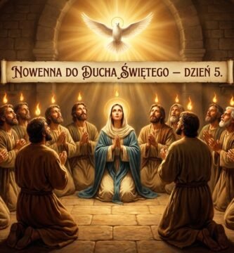 Obraz przedstawia grupę ludzi modlących się w świątyni wokół Matki Boskiej; nad nimi Duch Święty oświetla całą scenę intensywnym światłem, które od niego pochodzi.