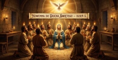 Obraz przedstawia grupę ludzi modlących się w świątyni wokół Matki Boskiej; nad nimi Duch Święty oświetla całą scenę intensywnym światłem, które od niego pochodzi.