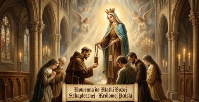 Obraz wnętrza kościoła z grupą wiernych modlących się na kolanach, przed nimi Matka Boska Szkaplerzna, z której promieniuje intensywne światło.